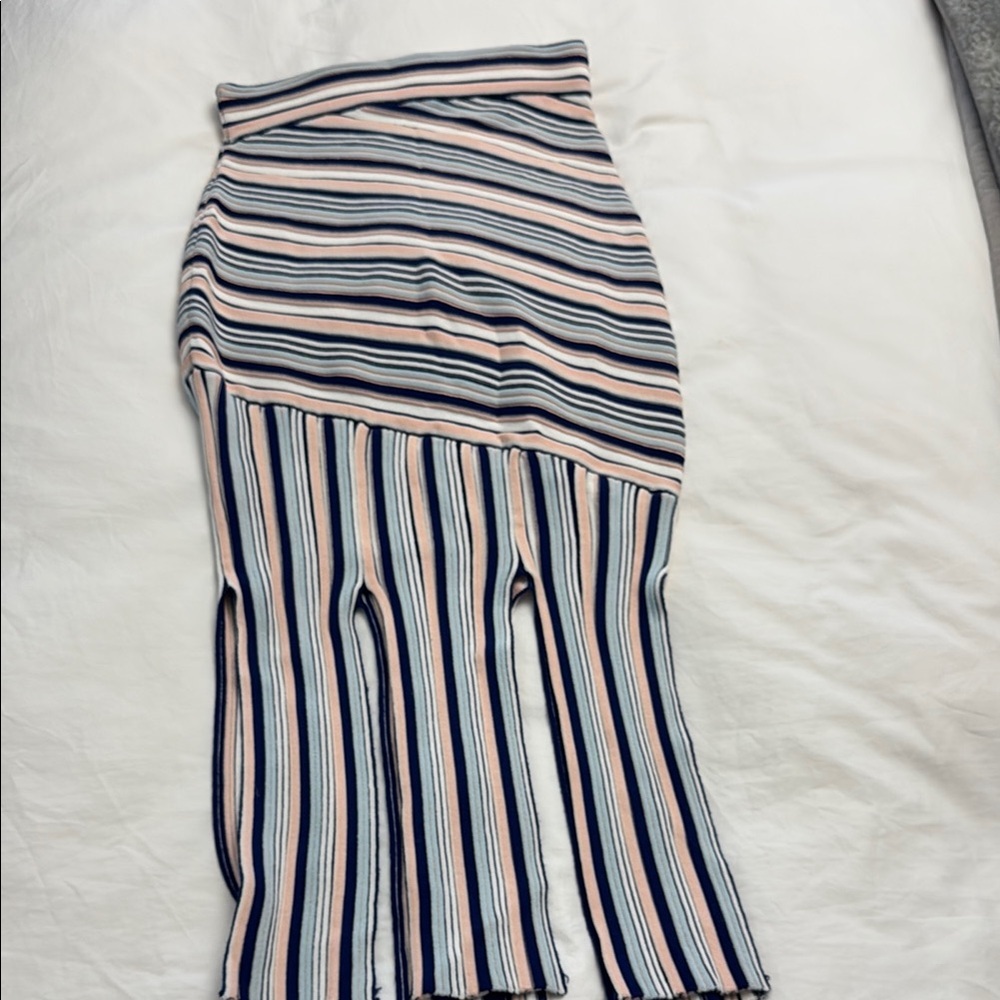 Blue and White Asymmetrical Pencil Midi Skirt